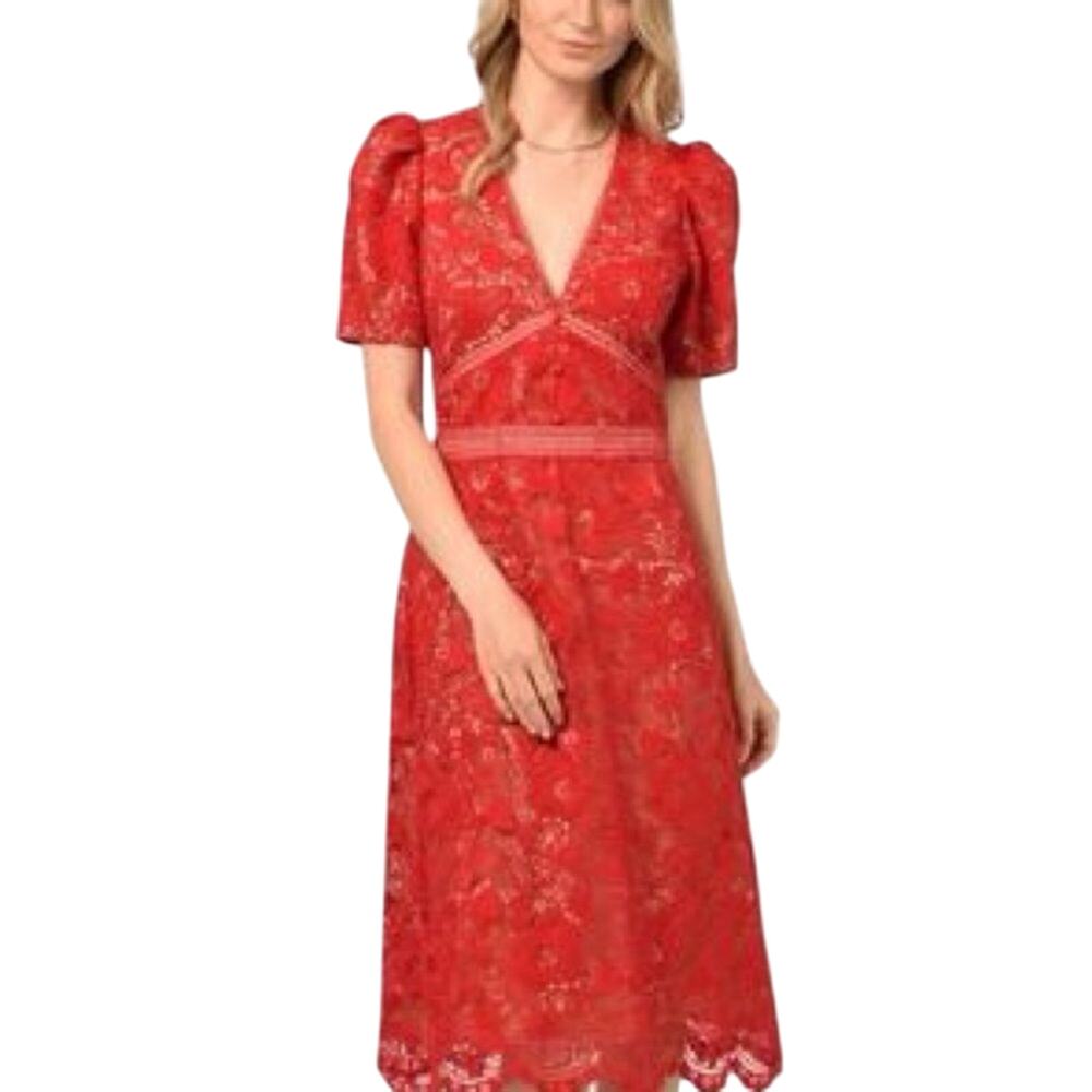 Adelyn Rae $158 Red Flutter Sleeve Lace Wrap Midi Dress Size S
